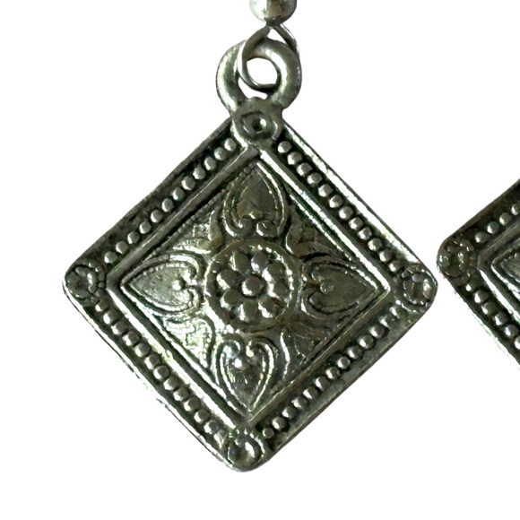 Silver Square Diamond Shape Tribal Style Embossed Design Drop Dangle Earrings - Picture 3 of 4